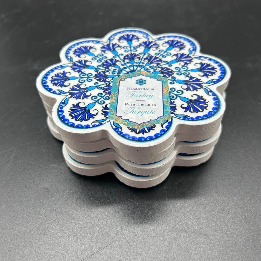 Set Of 4 Turkish Ceramic Coasters Design Made In Turkey‎ Blue White Flower New